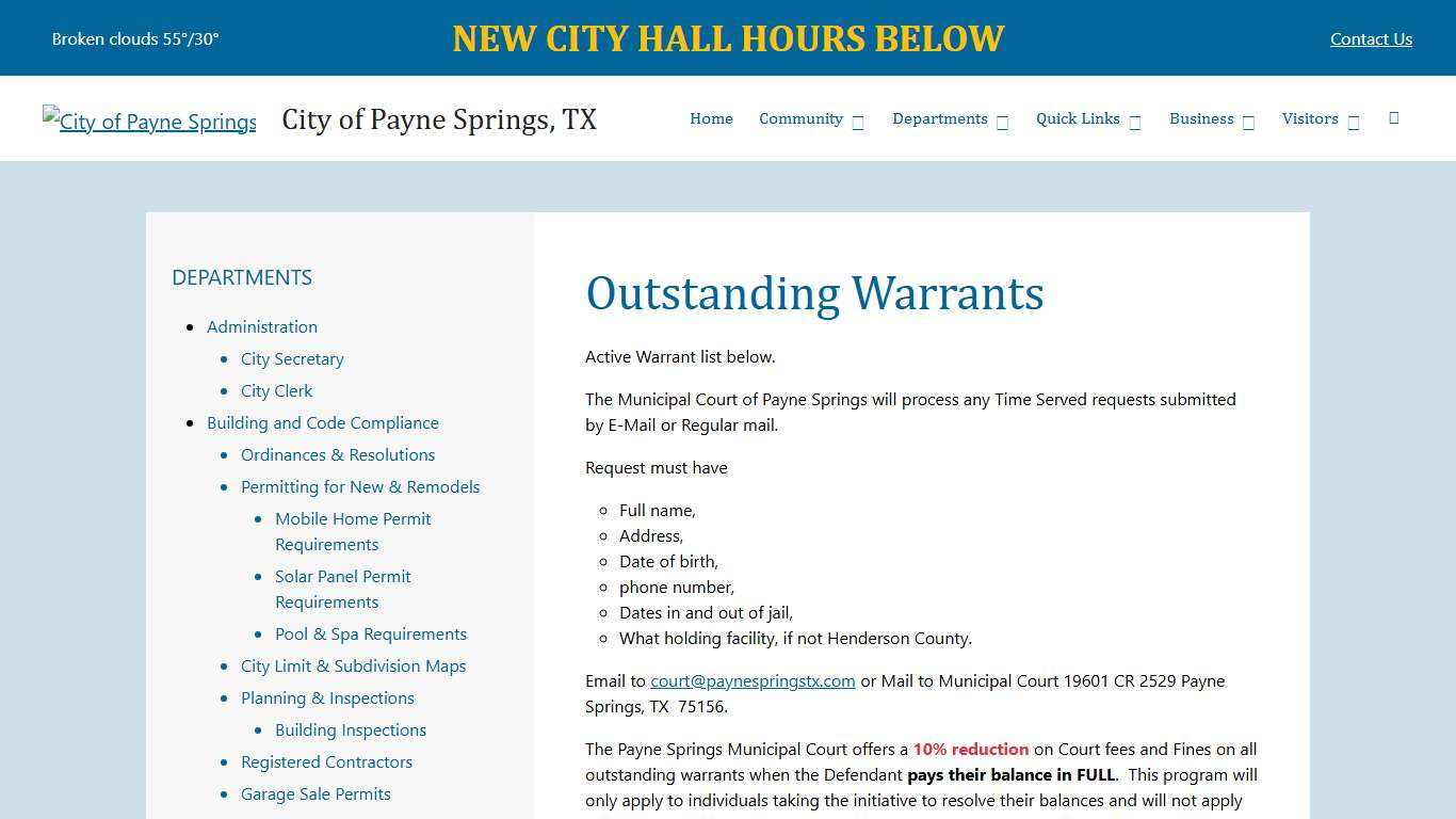 Outstanding Warrants City of Payne Springs, TX